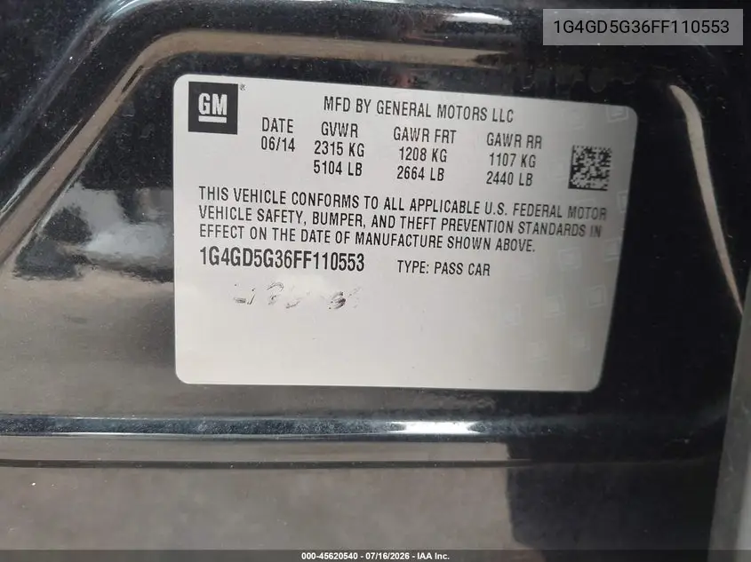 2015 Buick Lacrosse Premium I VIN: 1G4GD5G36FF110553 Lot: 45620540