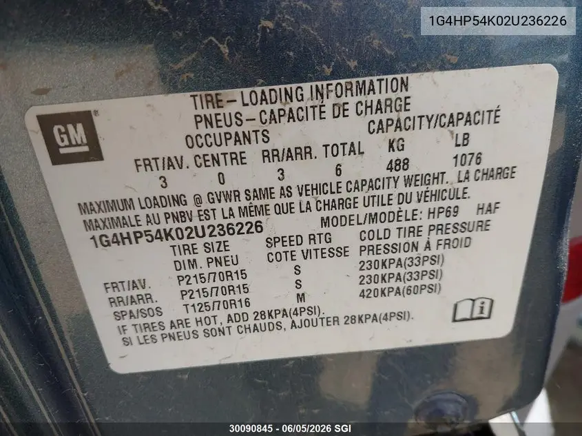 2002 Buick Lesabre Custom VIN: 1G4HP54K02U236226 Lot: 30090845