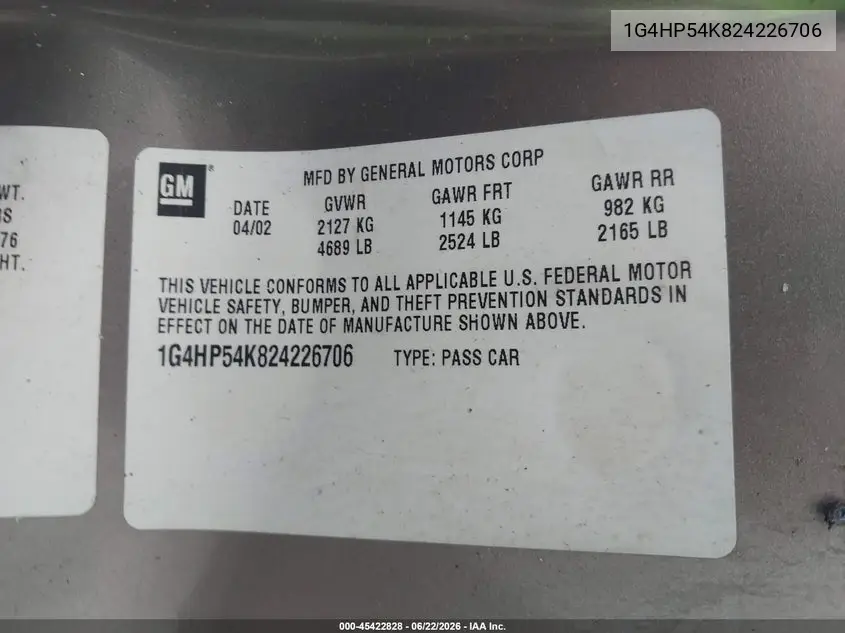 2002 Buick Lesabre Custom VIN: 1G4HP54K824226706 Lot: 45422828