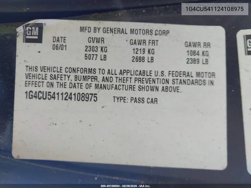 2002 Buick Park Avenue Ultra VIN: 1G4CU541124108975 Lot: 45188084