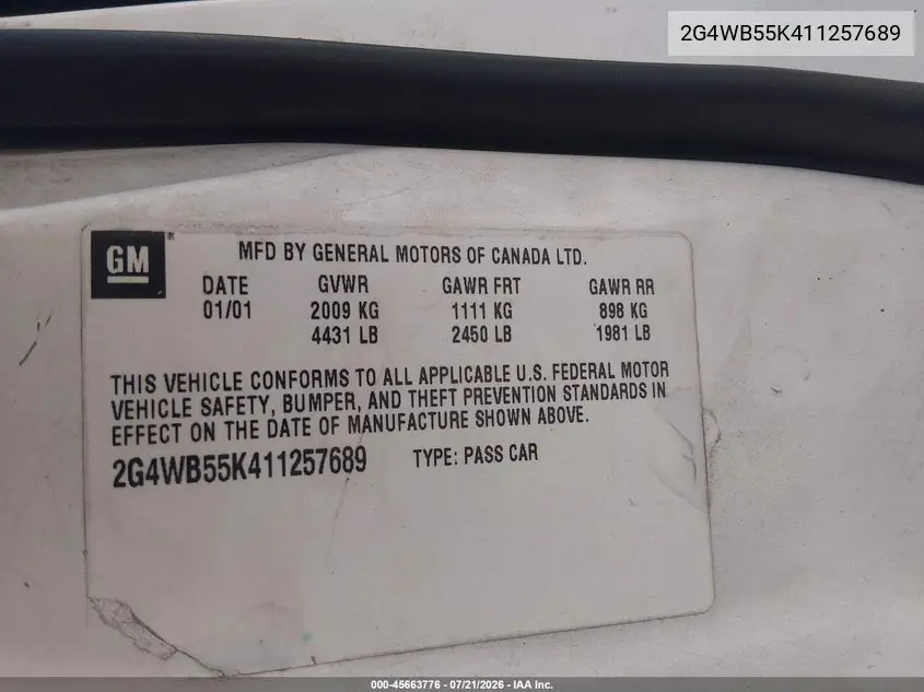 2001 Buick Regal Ls VIN: 2G4WB55K411257689 Lot: 45663776