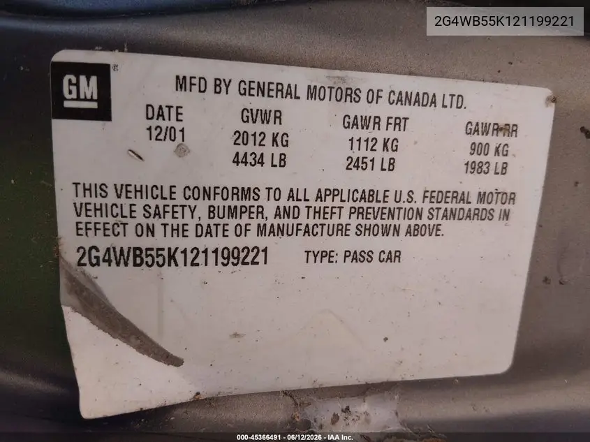 2002 Buick Regal Ls VIN: 2G4WB55K121199221 Lot: 45366491
