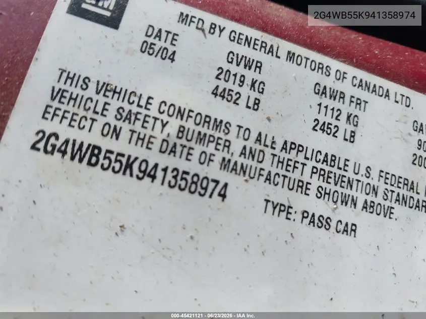 2004 Buick Regal Ls VIN: 2G4WB55K941358974 Lot: 45421121