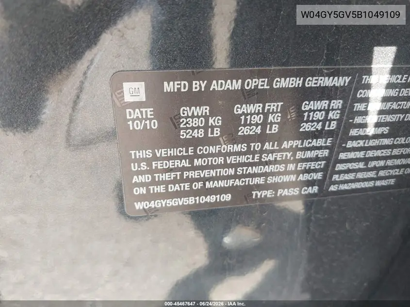2011 Buick Regal Cxl Turbo Russelsheim VIN: W04GY5GV5B1049109 Lot: 45467647