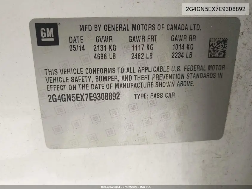 2014 Buick Regal Turbo/E-Assist Premium I VIN: 2G4GN5EX7E9308892 Lot: 45525354