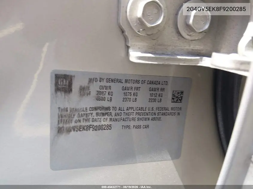 2015 Buick Regal 1Fl VIN: 2G4GV5EK8F9200285 Lot: 45432771