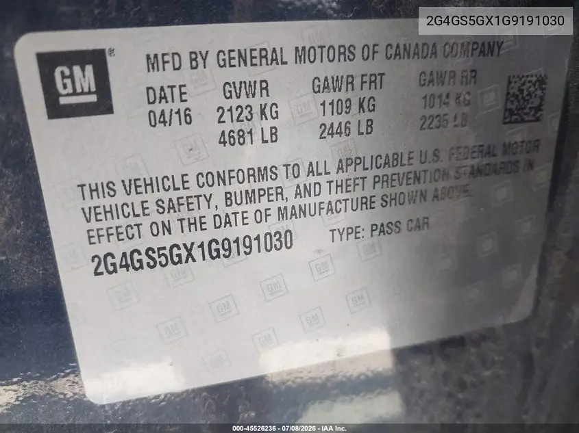 2016 Buick Regal Turbo Premium Ii VIN: 2G4GS5GX1G9191030 Lot: 45526236