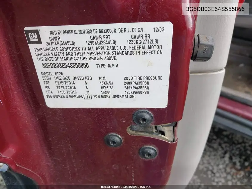 2004 Buick Rendezvous Cx VIN: 3G5DB03E64S555866 Lot: 44761318