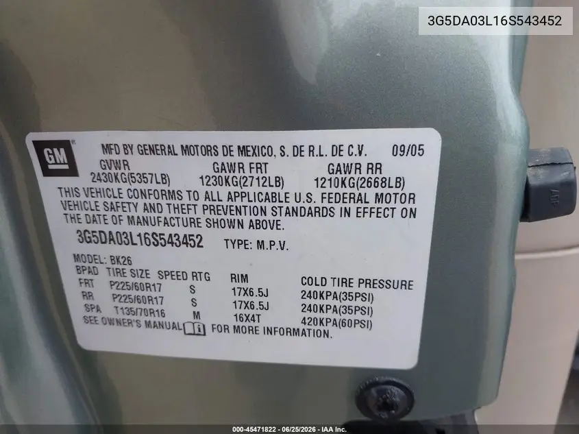 2006 Buick Rendezvous Cx VIN: 3G5DA03L16S543452 Lot: 45471822