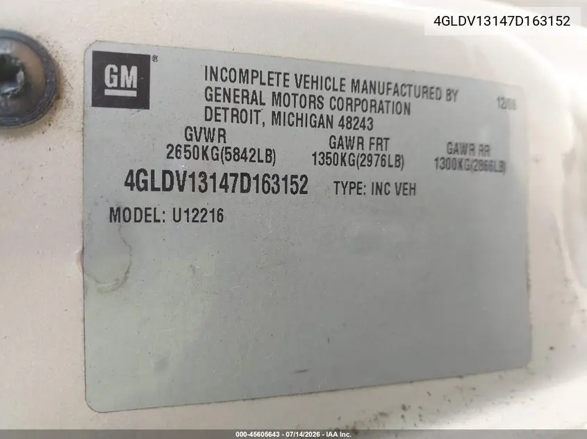 2007 Buick Terraza Cxl VIN: 4GLDV13147D163152 Lot: 45605643