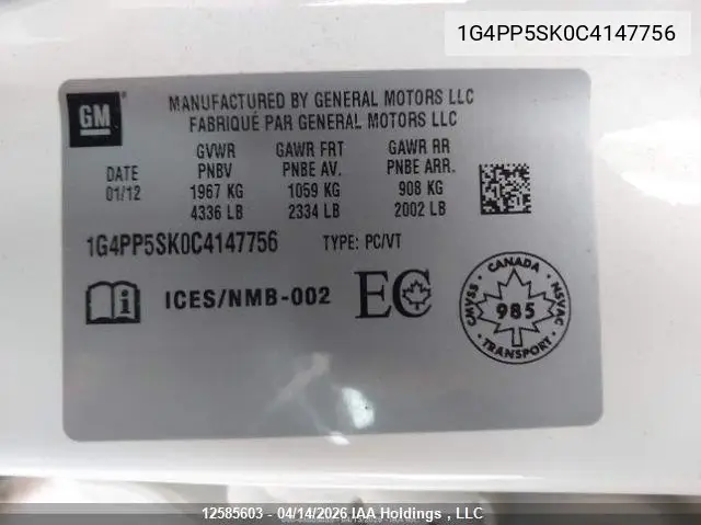 2012 Buick Verano VIN: 1G4PP5SK0C4147756 Lot: 12585603