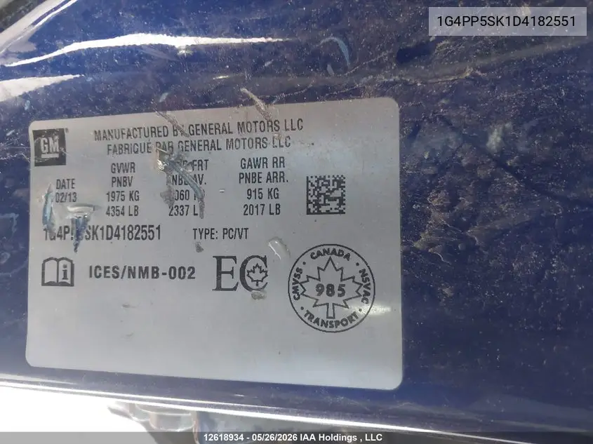 2013 Buick Verano VIN: 1G4PP5SK1D4182551 Lot: 12618934x