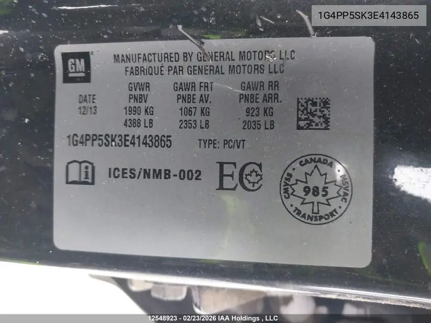 2014 Buick Verano VIN: 1G4PP5SK3E4143865 Lot: 12548923