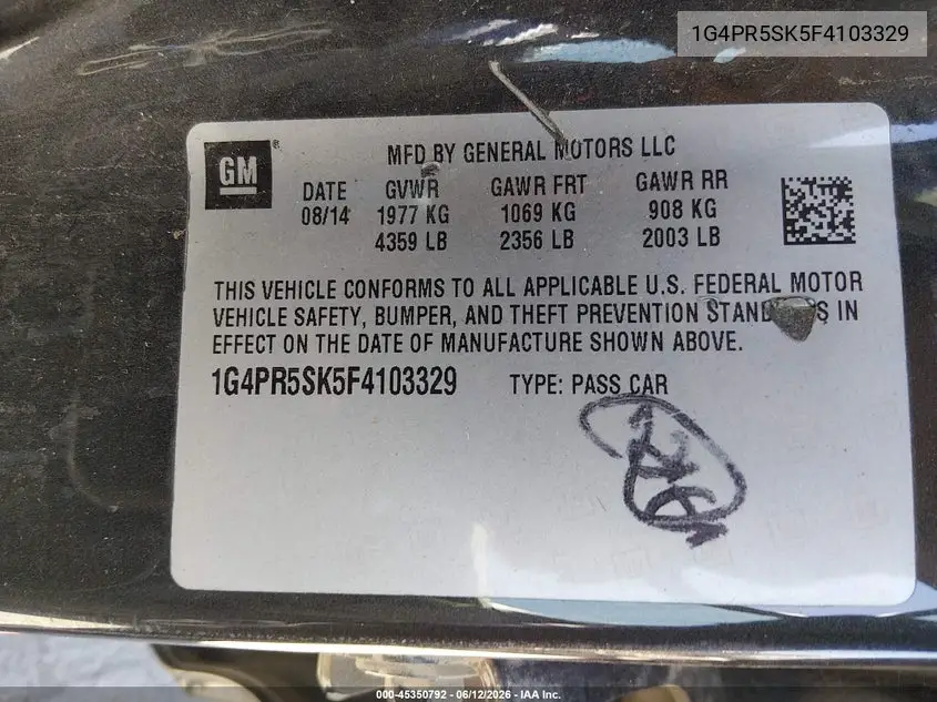 2015 Buick Verano Convenience Group VIN: 1G4PR5SK5F4103329 Lot: 45350792