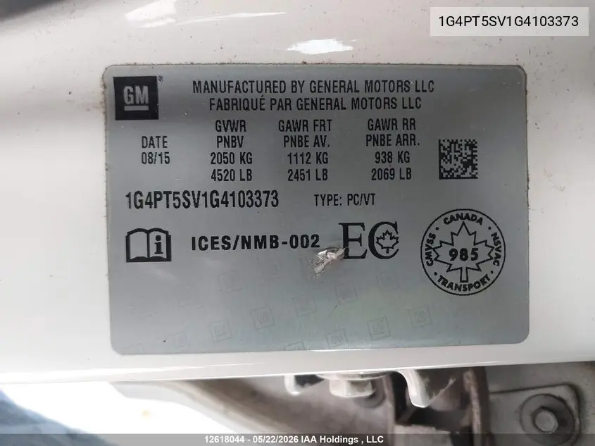 2016 Buick Verano Premium VIN: 1G4PT5SV1G4103373 Lot: 12618044