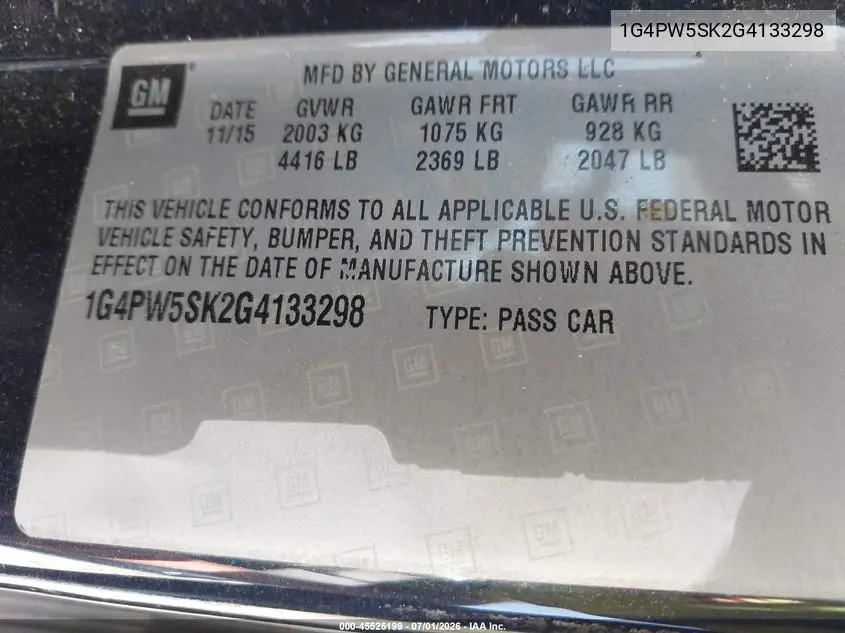 2016 Buick Verano Sport Touring Group VIN: 1G4PW5SK2G4133298 Lot: 45525199