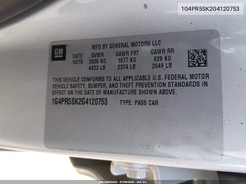 2016 Buick Verano Convenience Group VIN: 1G4PR5SK2G4120753 Lot: 45583424