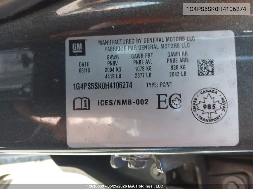 2017 Buick Verano VIN: 1G4PS5SK0H4106274 Lot: 12618039