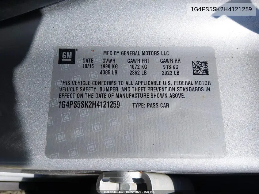 2017 Buick Verano Leather Group VIN: 1G4PS5SK2H4121259 Lot: 45439440