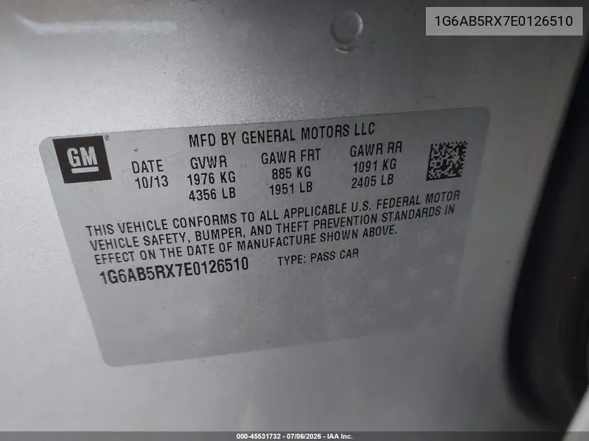 2014 Cadillac Ats Luxury VIN: 1G6AB5RX7E0126510 Lot: 45531732