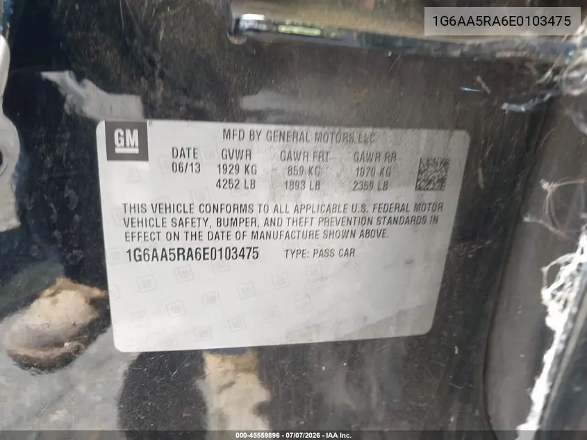 2014 Cadillac Ats Standard VIN: 1G6AA5RA6E0103475 Lot: 45559896
