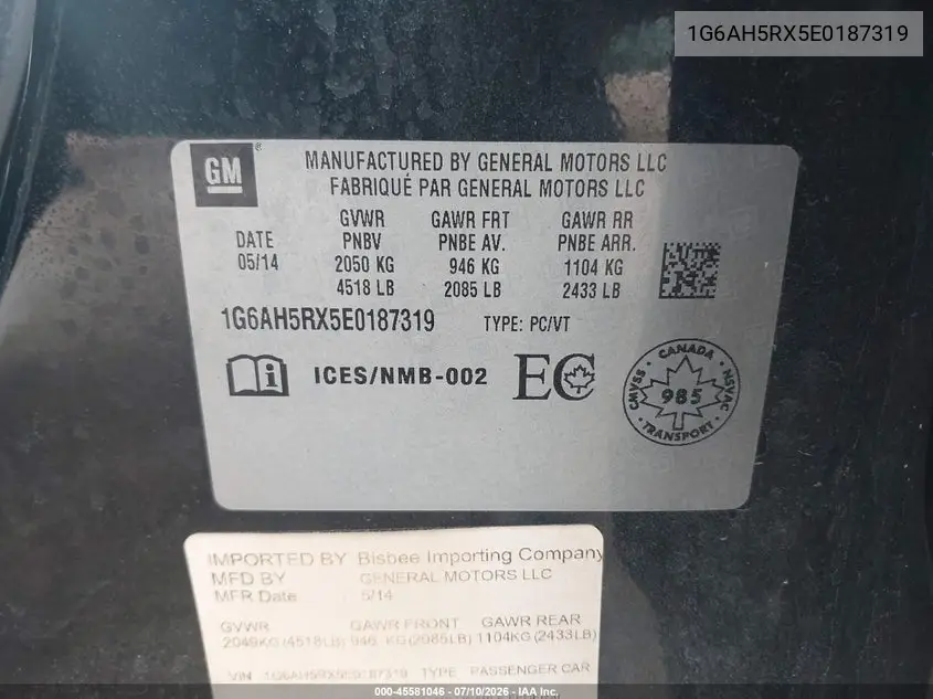 2014 Cadillac Ats Luxury VIN: 1G6AH5RX5E0187319 Lot: 45581046
