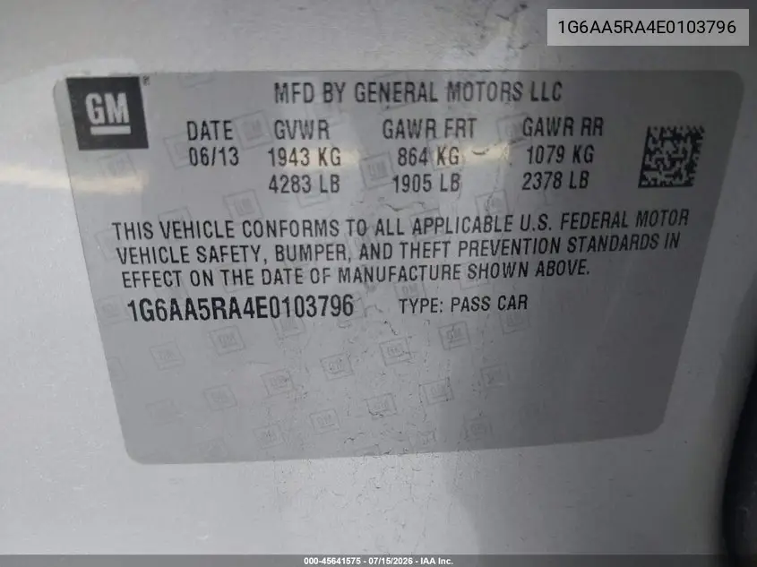 2014 Cadillac Ats Standard VIN: 1G6AA5RA4E0103796 Lot: 45641575