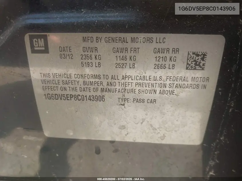 2012 Cadillac Cts-V VIN: 1G6DV5EP8C0143906 Lot: 45520200