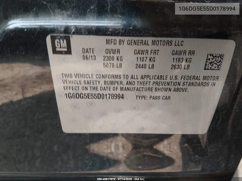 2013 Cadillac Cts Luxury VIN: 1G6DG5E55D0178994 Lot: 45617679