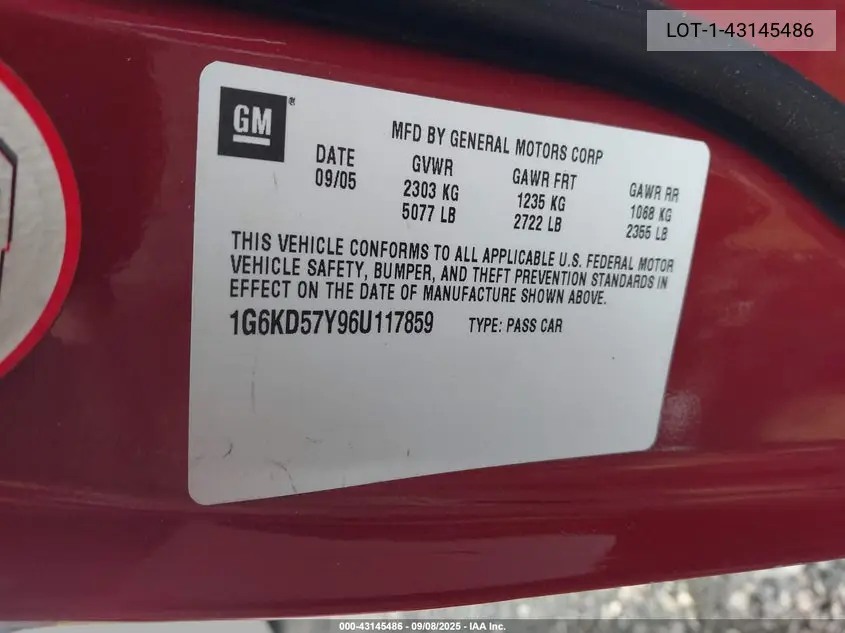 2006 Cadillac Dts VIN: LOT-1-43145486 Lot: 43145486
