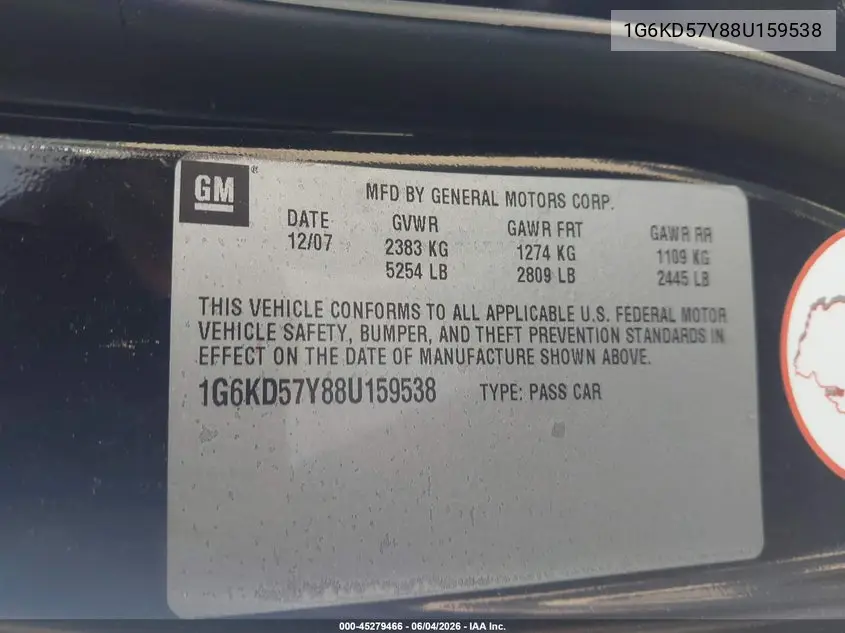 2008 Cadillac Dts 1Sd VIN: 1G6KD57Y88U159538 Lot: 45279466