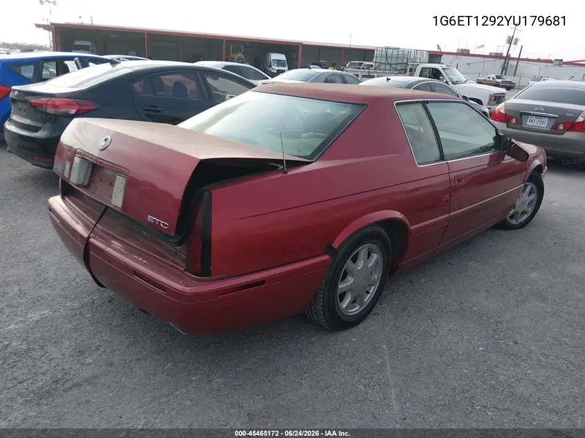 2000 Cadillac Eldorado Etc VIN: 1G6ET1292YU179681 Lot: 45465172