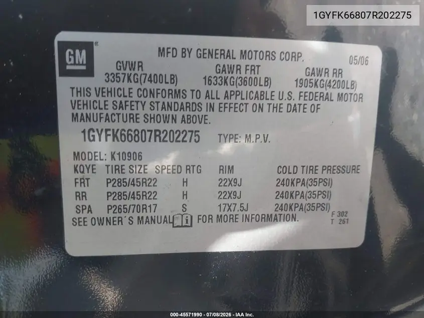 2007 Cadillac Escalade Esv Standard VIN: 1GYFK66807R202275 Lot: 45571990