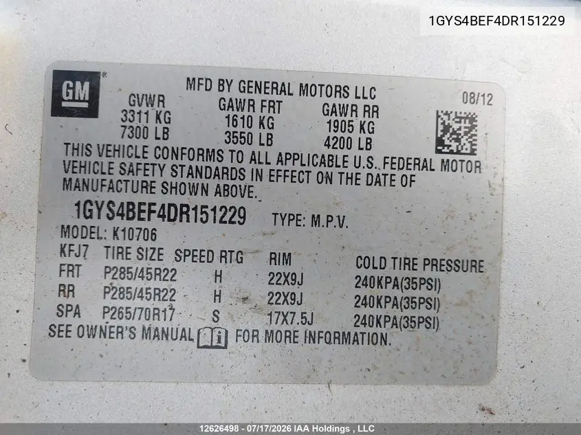 2013 Cadillac Escalade VIN: 1GYS4BEF4DR151229 Lot: 12626498x