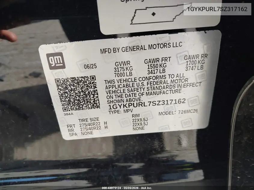 2025 Cadillac Lyriq Sport 1 Rwd VIN: 1GYKPURL7SZ317162 Lot: 44975124
