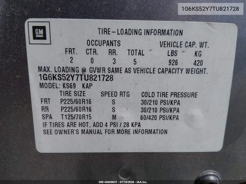 1996 Cadillac Seville Sls VIN: 1G6KS52Y7TU821728 Lot: 45588637