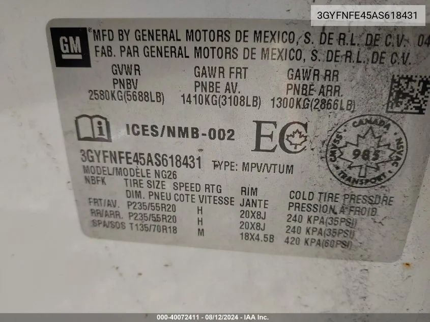 2010 Hyundai Santa Fe Limited 3.5 VIN: 5NMSHDAG7AH341126 Lot: 40072411