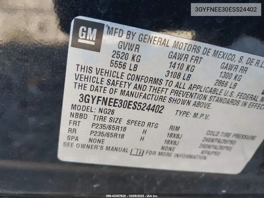 3GYFNEE30ES524402 2014 Cadillac Srx Luxury Collection