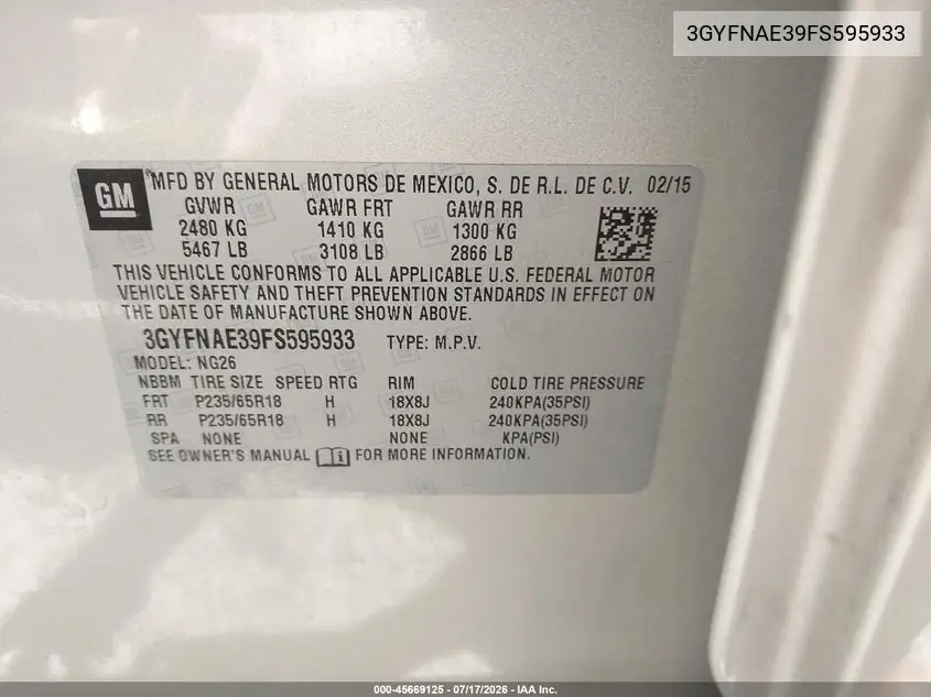 2015 Cadillac Srx Standard VIN: 3GYFNAE39FS595933 Lot: 45669125