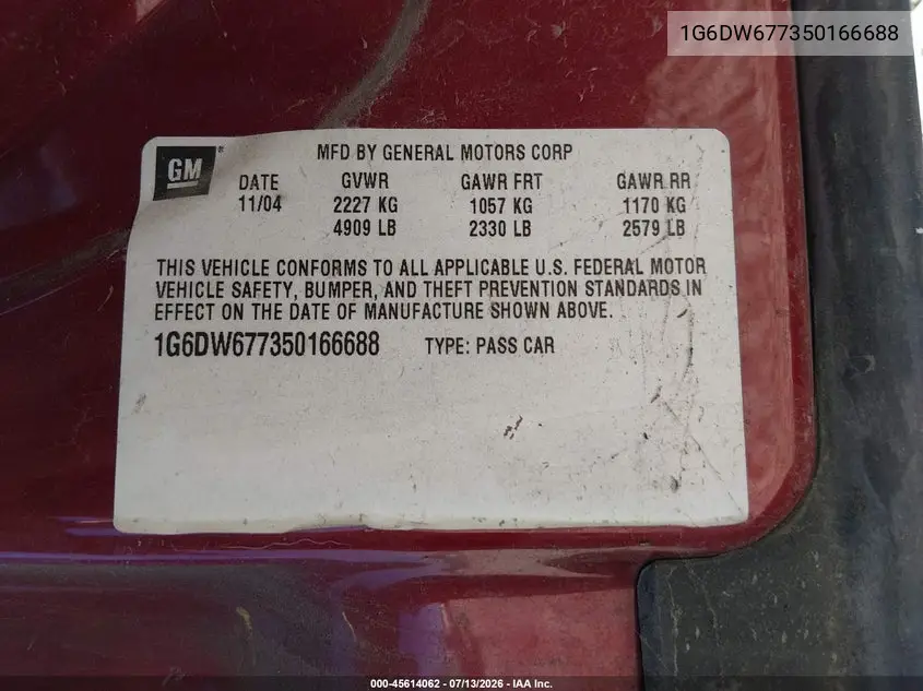 2005 Cadillac Sts V6 VIN: 1G6DW677350166688 Lot: 45614062