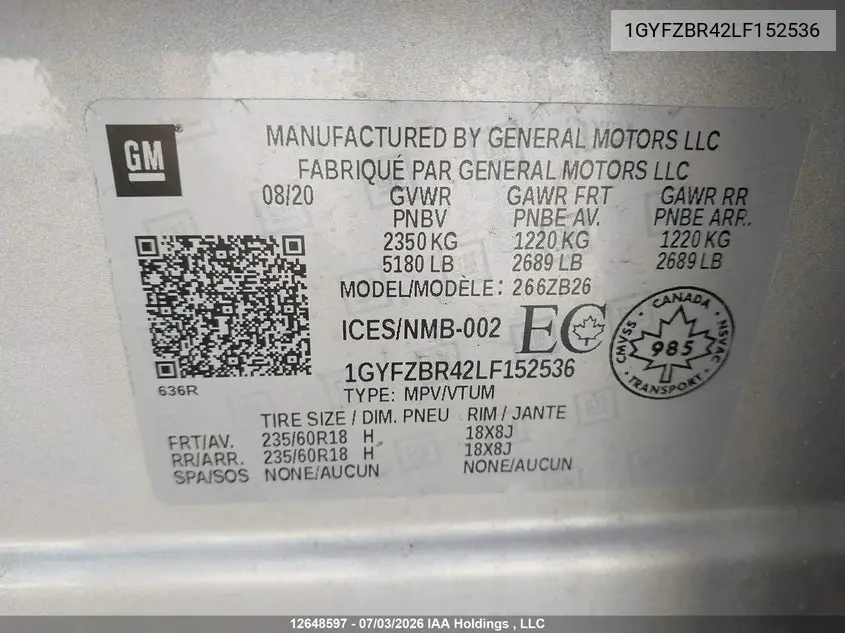 2020 Cadillac Xt4 VIN: 1GYFZBR42LF152536 Lot: 12648597