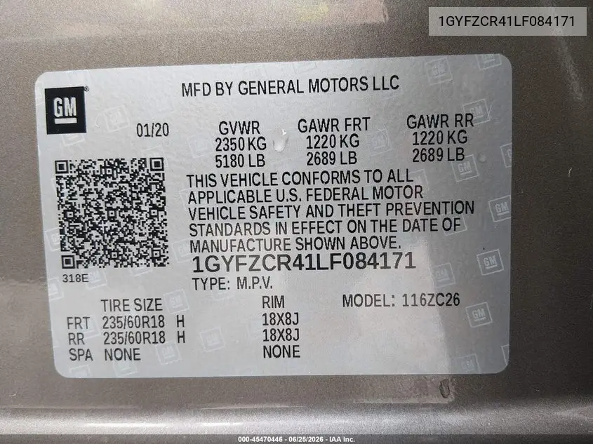 2020 Cadillac Xt4 Fwd Premium Luxury VIN: 1GYFZCR41LF084171 Lot: 45470446