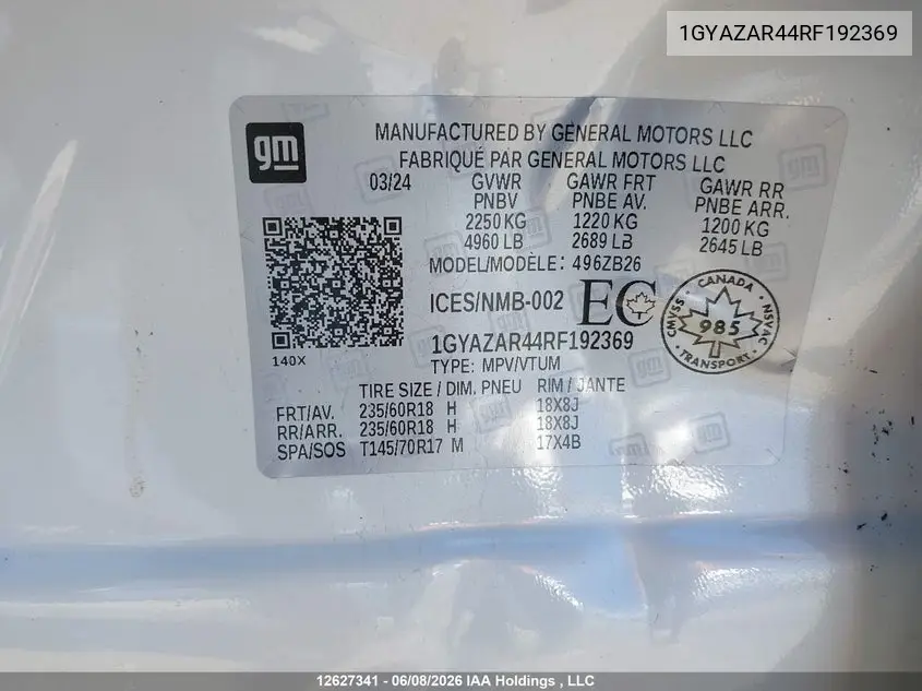2024 Cadillac Xt4 Luxury VIN: 1GYAZAR44RF192369 Lot: 12627341