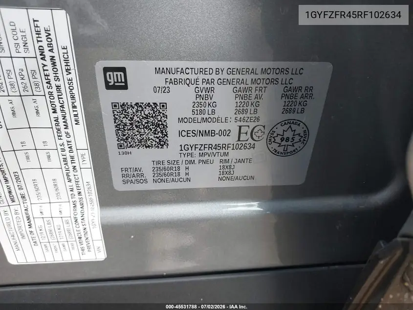 2024 Cadillac Xt4 Sport VIN: 1GYFZFR45RF102634 Lot: 45531788