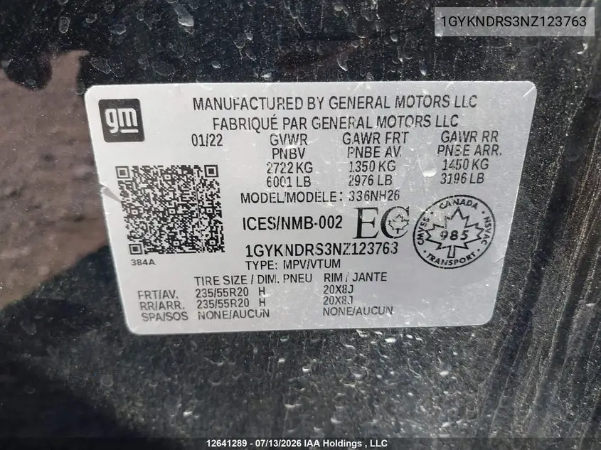 2022 Cadillac Xt5 VIN: 1GYKNDRS3NZ123763 Lot: 12641289