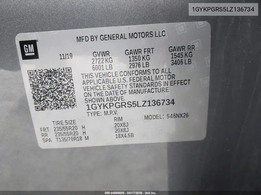 2020 Cadillac Xt6 Awd Sport VIN: 1GYKPGRS5LZ136734 Lot: 44866608