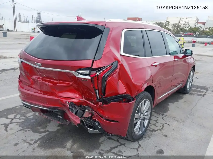 2022 Cadillac Xt6 Fwd Premium Luxury VIN: 1GYKPCRS1NZ136158 Lot: 45139200