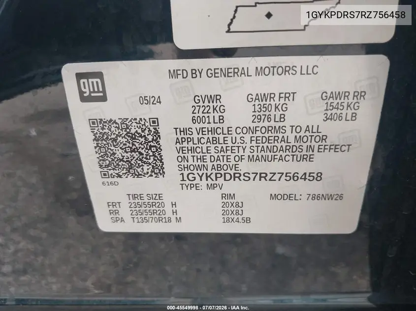 2024 Cadillac Xt6 Awd Premium Luxury VIN: 1GYKPDRS7RZ756458 Lot: 45549998