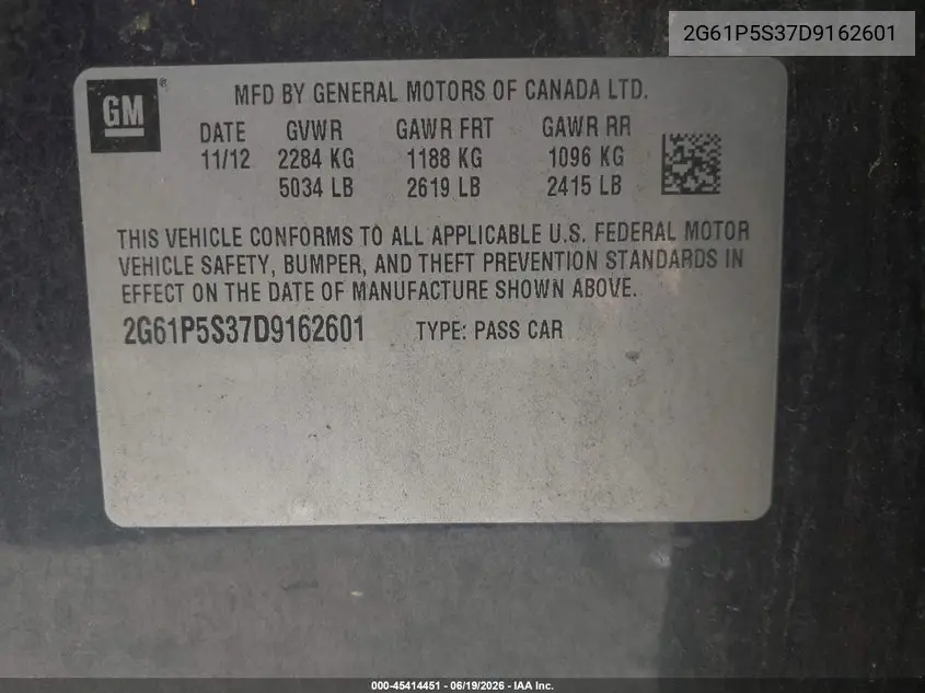 2013 Cadillac Xts Luxury VIN: 2G61P5S37D9162601 Lot: 45414451
