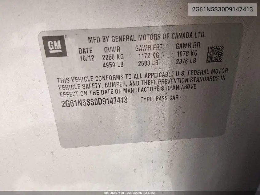 2013 Cadillac Xts Standard VIN: 2G61N5S30D9147413 Lot: 45507160